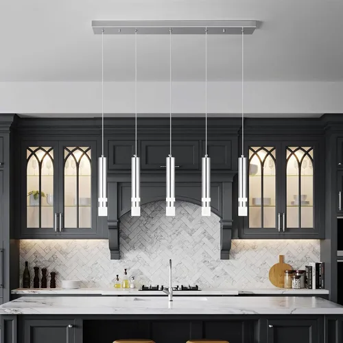 Vista 2 de Lámpara colgante moderna para comedor de 5 luces, accesorio de cocina regulable LED cromado mini iluminación colgante para isla de cocina, luces
