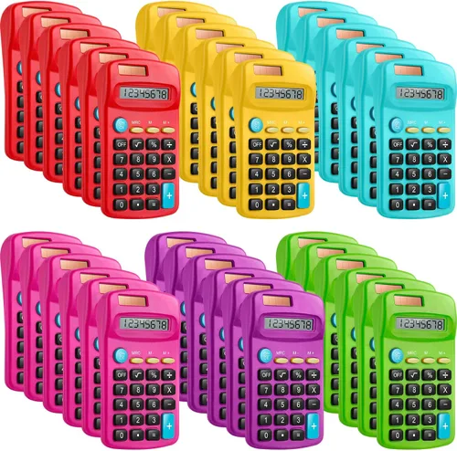 Vista 8 de 36 paquetes de mini calculadoras básicas de tamaño de bolsillo para estudiantes en ángulo de mano, pantalla de 8 dígitos, batería solar, calculadora