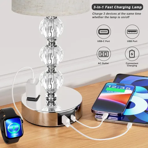 Vista 3 de Lámparas de noche táctiles blancas para dormitorios, lámpara de mesa de cristal con puerto de carga USB C+A y mesita de noche de salida de CA