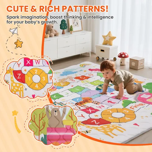 Vista 5 de Alfombra de Juego para Bebé para Piso, 50x50 Pulgadas de Acolchado Suave, Alfombra de Gateo Plegable y Lavable a Máquina, Gruesa para Bebés y Niños