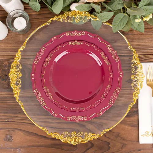 Vista 5 de Efavormart - Paquete de 10 platos desechables de 7 pulgadas transparentes con borde vintage burdeos, elegantes platos de postre de plástico