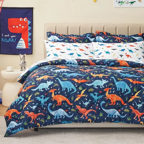 Vista 8 de PPOLCA Juego de edredón de dinosaurio azul tamaño individual para niños, ropa de cama de 5 piezas con sábanas y funda de almohada, súper suave
