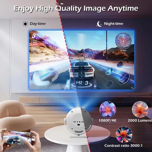 Vista 4 de Mini proyector 1080P, soporte 4K con WiFi6 y BT5.2, aplicaciones integradas Full HD proyector, enfoque automático y Keystone compatible con móvil