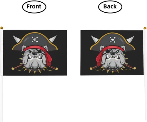 Vista 4 de Bandera de mano de bulldog pirata 5.5x 8 pulgadas, bandera pequeña de palo mini, para interiores y exteriores, decoración para fiestas, paquete de 10