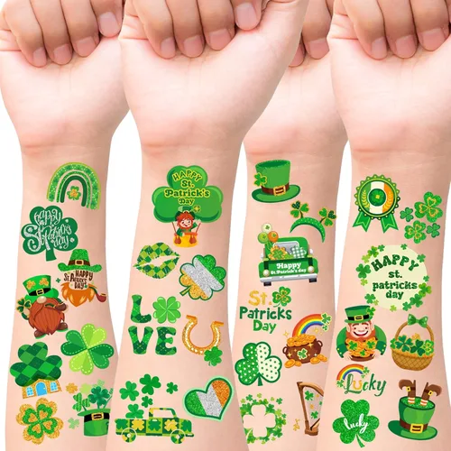 Vista 2 de HOWAF 96 tatuajes temporales del día de San Patricio, calcomanías de tatuaje de trébol con purpurina para decoraciones de fiesta irlandesa, tatuajes