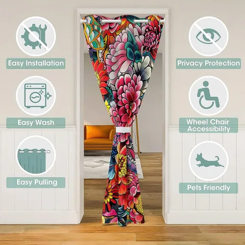 Vista 3 de Cortina opaca bohemia floral para dormitorio, cortina bohemia para puerta, 34 pulgadas de ancho x 80 pulgadas de largo, cortina de jardín de plantas