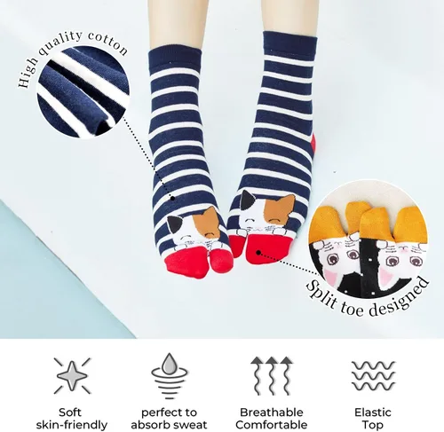 Vista 2 de Hellomamma Tabi - Calcetines de dos dedos para mujer, con división atlética, de algodón, colorido, 4 pares