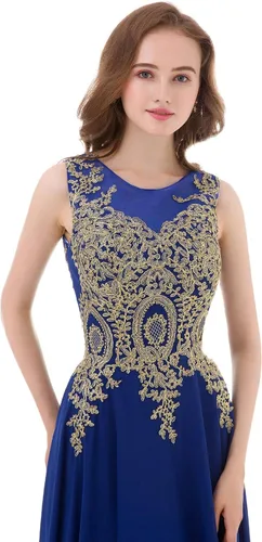 Vista 6 de Vestido de noche de gasa largo de encaje dorado Kivary para mujer