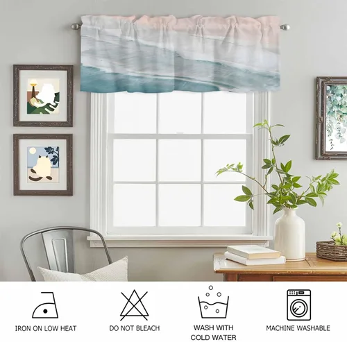 Vista 6 de Cenefas de verano para cocina, cafetería, acuarela azul océano playa, cenefa corta de 42 x 12 pulgadas, bolsillo para barra, cortinas de tratamiento