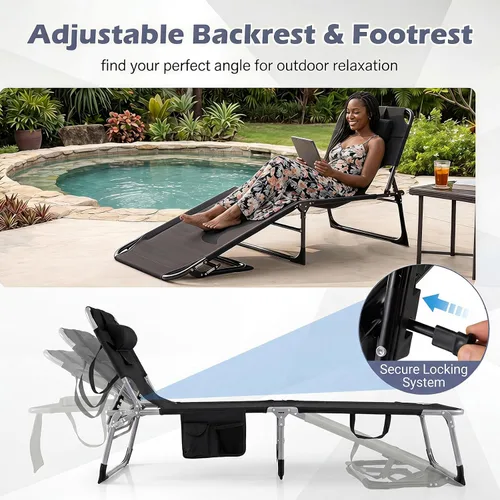 Vista 8 de Tangkula Silla de bronceado con agujero frontal, plegable y ajustable para patio, silla reclinable, para playa, tomar el sol, con bolsillo lateral