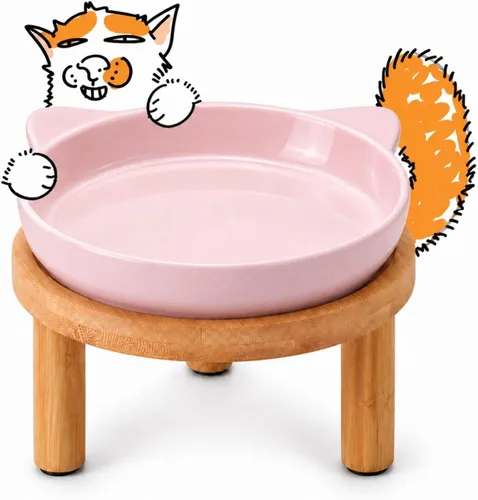 Vista 13 de Cuencos elevados de cerámica para gatos con soporte de bambú, platos elevados de comida para mascotas para gatos y perros pequeños, comedero