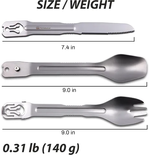 Vista 5 de PortableAnd Juego de utensilios de camping 4 en 1: cuchara, spork, cuchillo, pinzas, multiherramienta de acero inoxidable para cocinar al aire