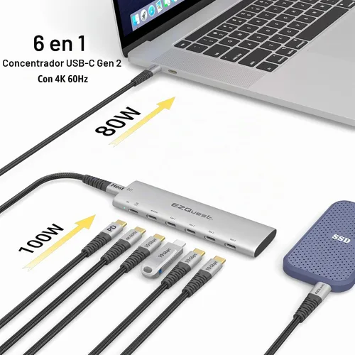 Vista 3 de Adaptador de Hub USB-C Slim Gen 2 6-en-1 1 Video USB-C 4K/60Hz, 4 USB-C Gen 2 10Gbps, y 1 Entrega de Energía USB-C 3.0