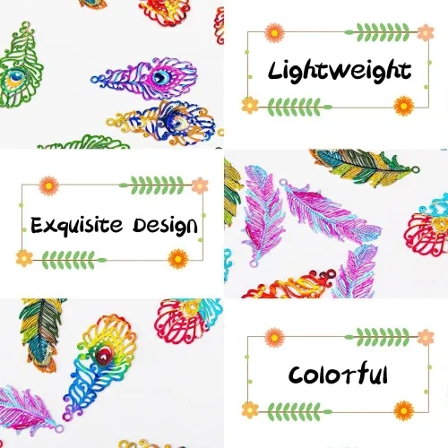 Vista 4 de Dijes de plumas de filigrana multicolor colgante de pluma pintado de color hueco para pendientes de bricolaje collares accesorios para fabricación