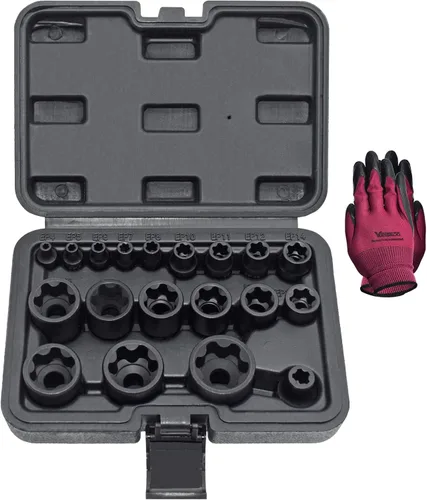 Vista 8 de E-Torx Juego de zócalos, 14 piezas hembra E-Torx Star Socket Set, 1/4" 3/8" 1/2" Drive, E4 a E24 Torque E Externo Juego de zócalos, 14pcs Star