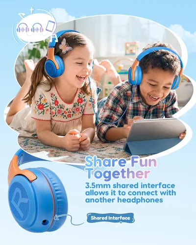 Vista 5 de awatrue AT2 - Auriculares para niños con micrófono, límite de volumen BlueOrange - Paquete de 1