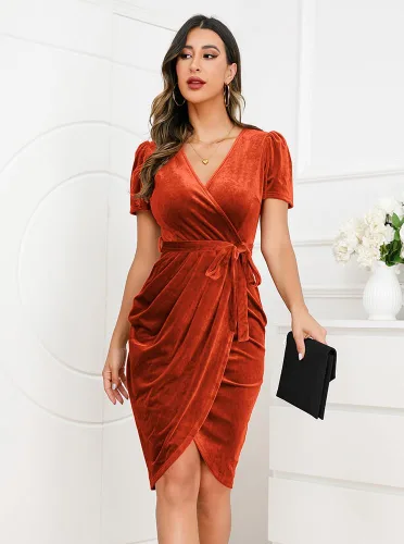 Vista 2 de IHOT Vestido sexy de terciopelo cruzado con cuello en V para mujer, manga corta, fruncido, vestido de fiesta de cóctel