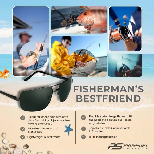 Vista 6 de proSPORT Gafas de sol bifocales polarizadas de aviador cuadrado para hombres. Lectores de línea casi invisibles, Humo con Gunmetal