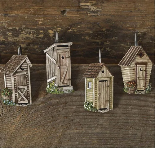Vista 6 de Park Designs Cortina de ducha Outhouse, juego de ganchos Resina Pintado a mano Dije de país vintage Decoración de baño de granja