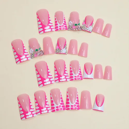 Vista 3 de 24 uñas de pato a presión con diamantes de imitación francesas, uñas postizas estilo pies de pato, uñas postizas de primavera y verano con diseños