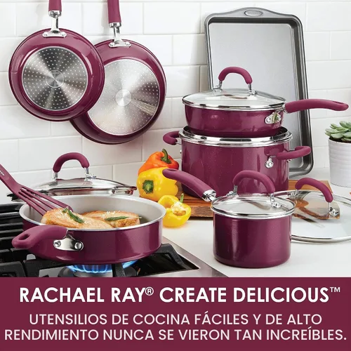 Vista 2 de Rachael Ray Create Delicious - Juego de ollas y sartenes antiadherentes, 13 piezas, color burdeos brillante borgoña (burgundy shimmer)