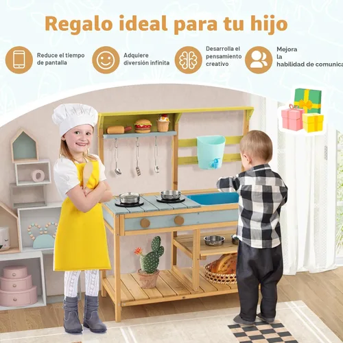 Vista 8 de Costzon Cocina de madera para niños, cocina de barro al aire libre con fregadero extraíble, caja de agua y grifo, parte superior de la estufa