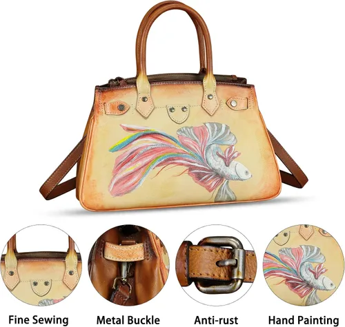 Vista 3 de Bolso de cuero genuino para mujer, pintado a mano, bolso de mano con asa superior, bolso cruzado hecho a mano, bolso de trabajo