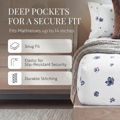 Vista 2 de Merit Linens Sábanas transpirables con estampado floral de estilo hotel Juego de 4 piezas con bolsillo profundo Sábanas ligeras y acogedoras