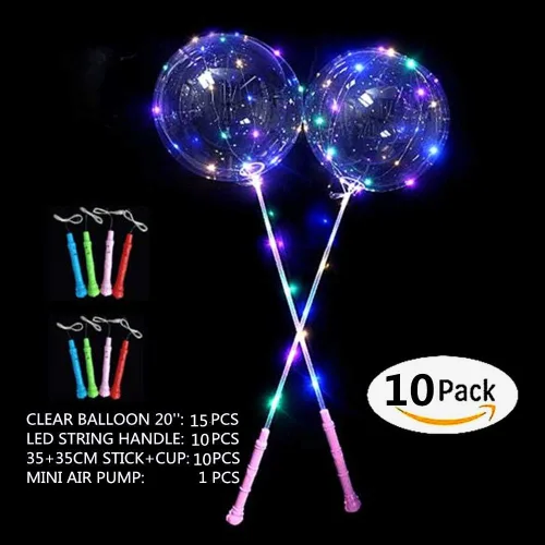 Vista 3 de Globos Bobo con luz LED con palos, 10 paquetes de asas intermitentes, globos de burbujas de 20 pulgadas, palos de 27.7 pulgadas, decoración