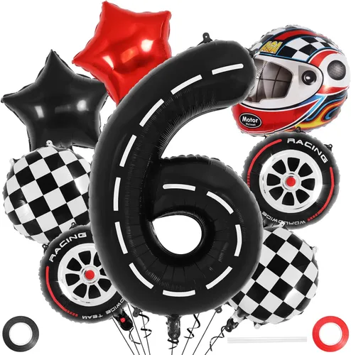 Vista 14 de Globos de cumpleaños de auto de carreras, globo número 0 de carrera, globo de aluminio grande de 40 pulgadas, globo negro 0 para decoración