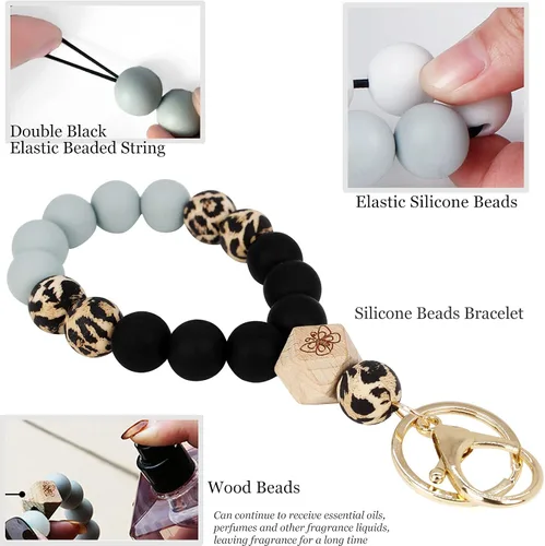Vista 5 de Llavero de pulsera para mujer, pulsera de silicona con cuentas de silicona, llaveros con soporte para tarjetas