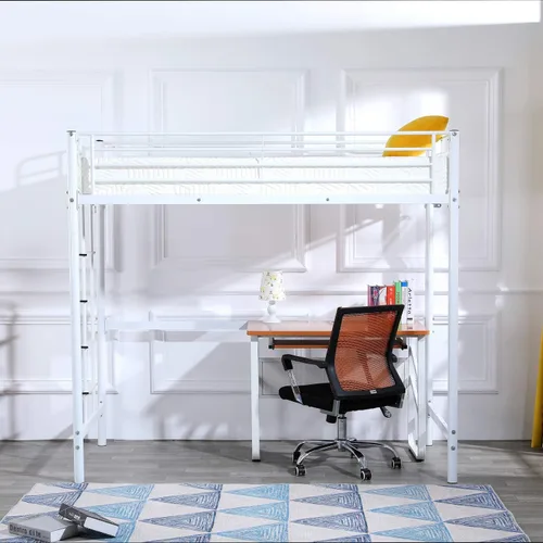 Vista 8 de Bonnlo Cama alta de metal con escaleras y peldaño plano, cama junior de tamaño matrimonial alta para niños, adolescentes y adultos, no requiere