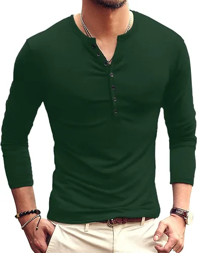 Vista 28 de YTD - Camiseta de manga larga Henley básica ajustada para hombre, estilo casual