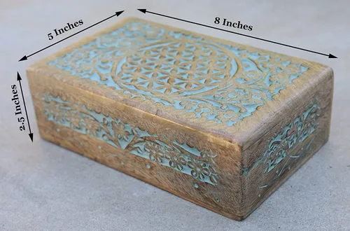 Vista 5 de DharmaObjects Caja de almacenamiento de madera tallada a mano (turquesa, grande)