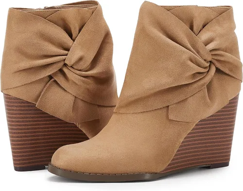 Vista 2 de Fashare Botines de cuña para mujer, tacón de lazo, tacón apilado, zapatos de vestir de invierno, Negro, Café