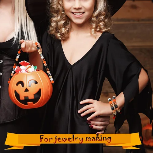 Vista 5 de 200 piezas de cuentas de madera de Halloween con estampado de tartán de búfalo en amarillo, naranja y negro, cuentas espaciadoras de madera redondas