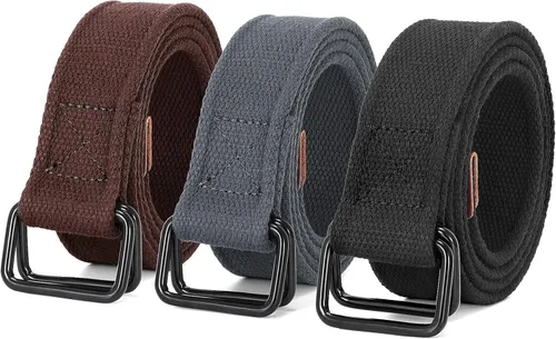 Vista 8 de JASGOOD Cinturones de tela de lona para hombre, cinturones casuales de tela con hebilla de doble anillo negro, paquete de 2