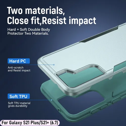 Vista 3 de Funda híbrida de doble capa para Galaxy S21 Plus/S21+ de 6.7 pulgadas, de grado militar, resistente a los golpes, con 1 soporte magnético para Verde