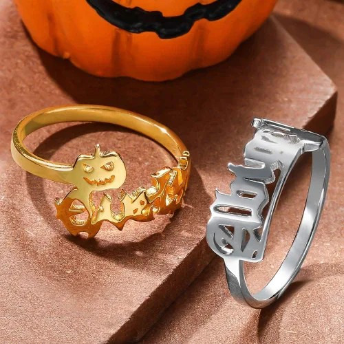 Vista 4 de AILIN Anillos personalizados con nombre para mujer, anillos de Halloween personalizados con nombre de murciélagocalabazafantasmasombrero