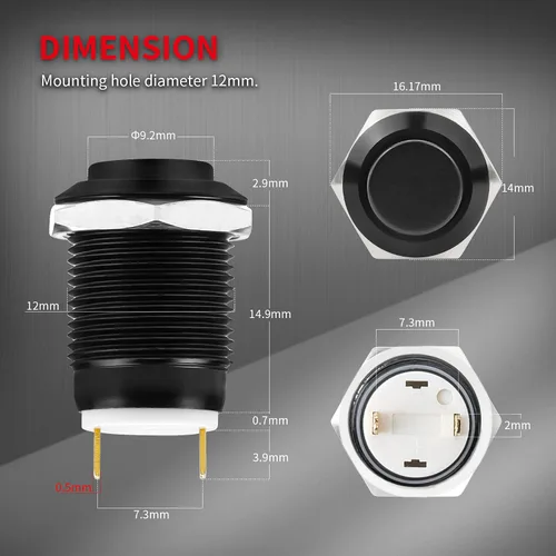 Vista 4 de DaierTek - Interruptor de botón de encendido y apagado, 0.472 in CC, 4 pines, 12 V, impermeable, interruptor de metal con arnés de cableado y luz
