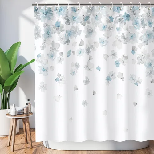 Vista 17 de LIVILAN Cortina de ducha con flores rosas y grises, cortinas de ducha florales de acuarela con ganchos, tela blanca y gris, decoración de baño