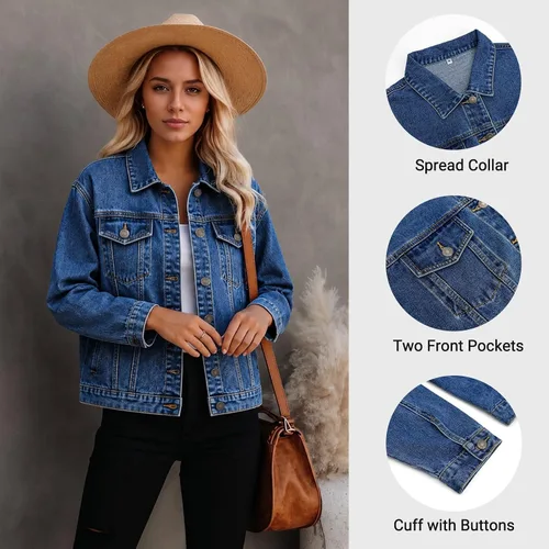 Vista 4 de Chaqueta de mezclilla para mujer, desgastada, con botones, con bolsillos.