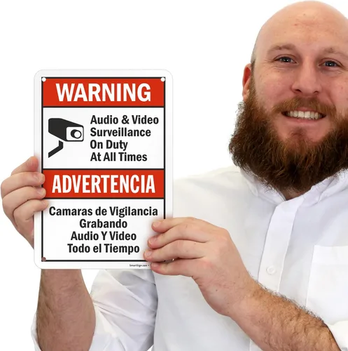 Vista 2 de SmartSign Paquete de 2 señales "Advertencia: Vigilancia de Audio y Video en Servicio en Todo Momento" Bilingüe - 7" x 10", Aluminio Metalizado