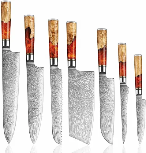 Vista 10 de SENKEN Juego de 7 piezas de cuchillos de cocina de Damasco - Colección Tsunami - Acero VG10 japonés de 67 capas - Cuchillo de chef, cuchillo
