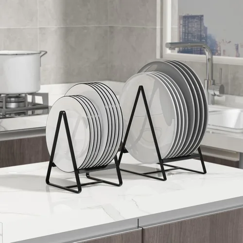 Vista 2 de Paquete de 2 soportes triangulares para platos grandes, verticales, estantes de secado de platos, organizadores de platos de metal, soportes
