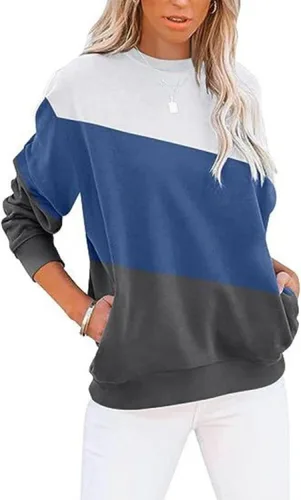 Vista 8 de Sudadera para mujer, casual, cuello redondo, manga larga, bloque de color, suave, holgada, con bolsillo, S-2XL