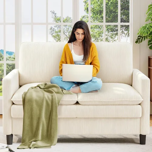 Vista 53 de Welzona Loveseat, 51" Small L Shaped Couch, Comfy Teddy Love Seat with Ottoman Set, Tool-Free Setup Loveseat Sofa with Ottoman, All-Wood Small Sofa