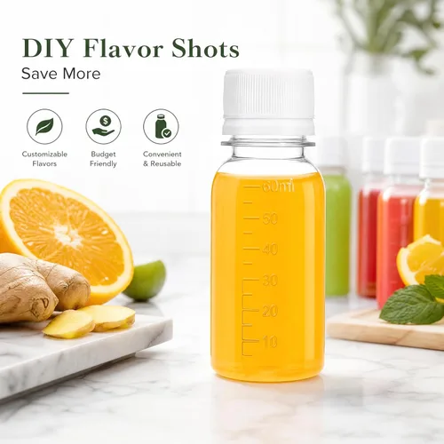 Vista 5 de ZENFUN 48 botellas pequeñas de plástico transparente de 2 onzas con tapa, botellas de jengibre con tapa, botella vacía para jugo, líquidos, whisky