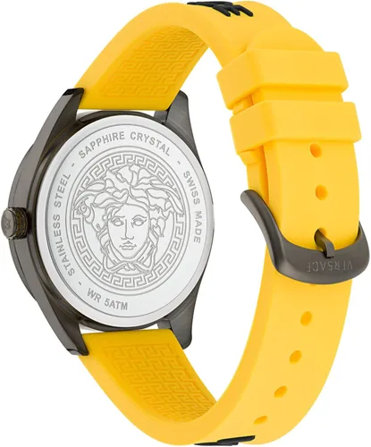 Vista 3 de Versace V-Vertical Collection Reloj de lujo para hombre con correa amarilla con una caja de metal IP y esfera gris, Gris, V-Vertical