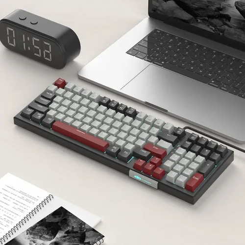 Vista 7 de MageGee Teclado mecánico, teclado de videojuegos con cable Star Sky retroiluminado ultra delgado con interruptores azules, 98 teclas para PC
